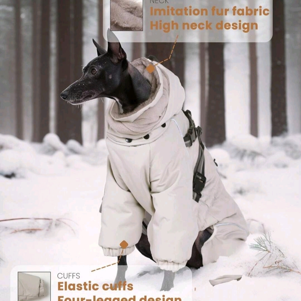 Silver / Gray hooded dog snowsuit.